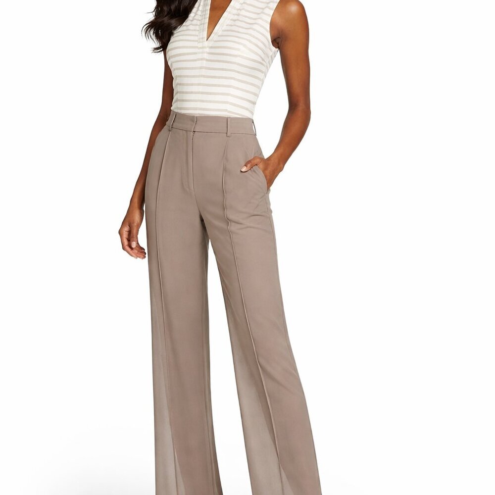 Free People Sz 2 Sheer Straight Leg Pleated Pants Taupe Minimalist Boho Chic